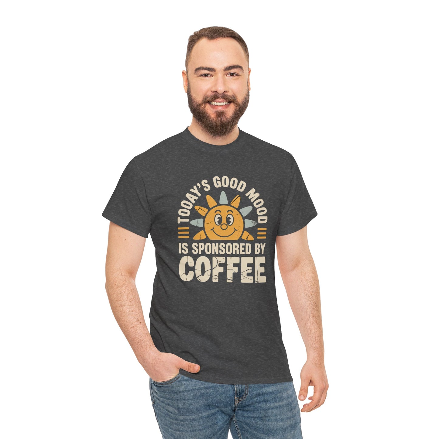 Coffee Tee — "Today's Good Mood Is Sponsored By Coffee" Retro Sun T‑Shirt