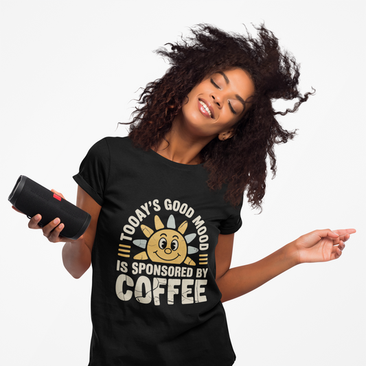Coffee Tee — "Today's Good Mood Is Sponsored By Coffee" Retro Sun T‑Shirt