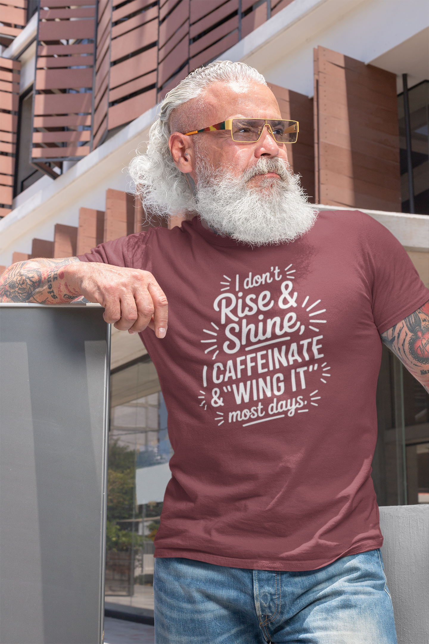 I Don't Rise & Shine I Caffeinate & Wing It T-Shirt  Coffee Tee