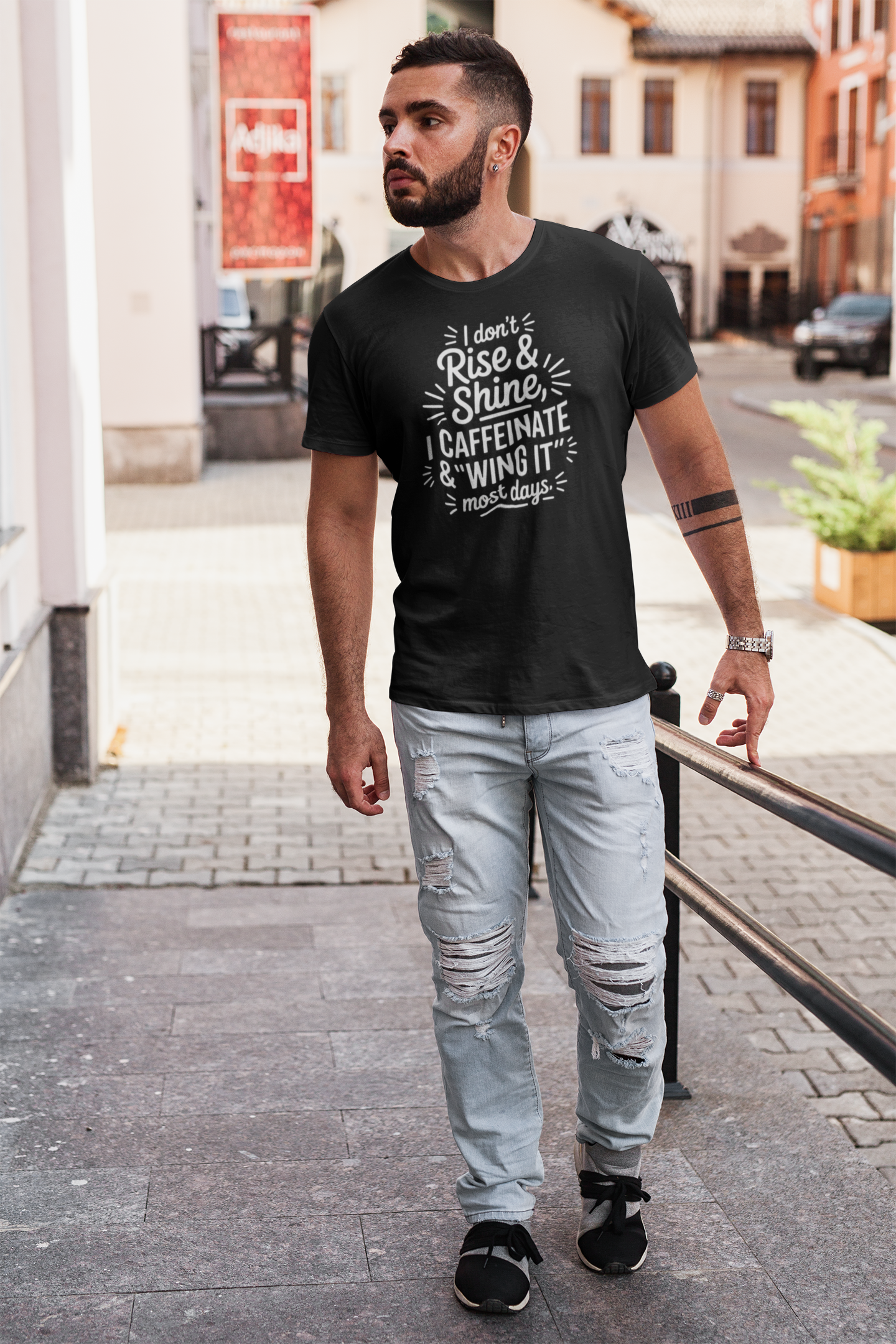 I Don't Rise & Shine I Caffeinate & Wing It T-Shirt  Coffee Tee