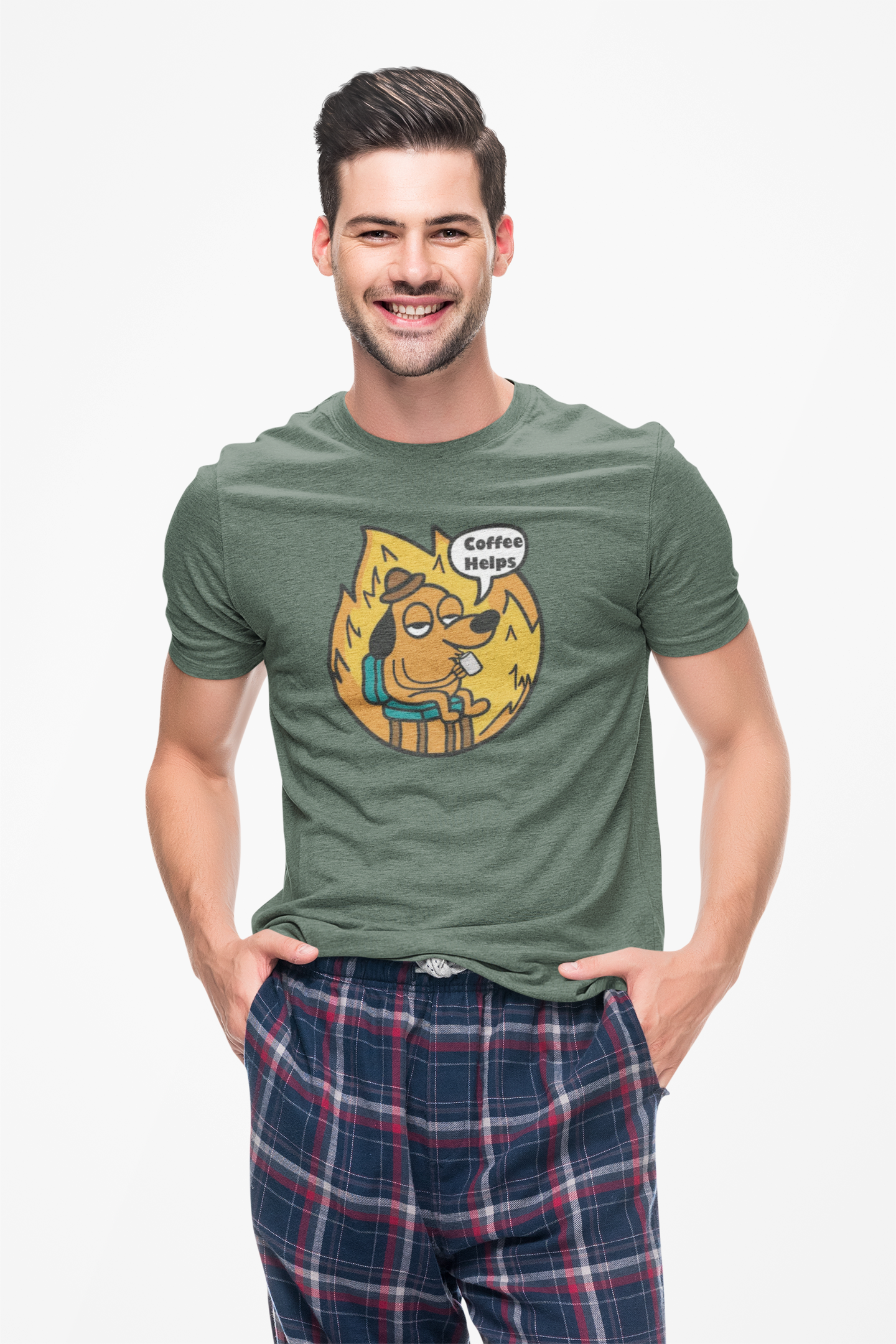 Funny Dog Sipping Coffee T-Shirt — 'This Is Fine' Office Burn Graphic