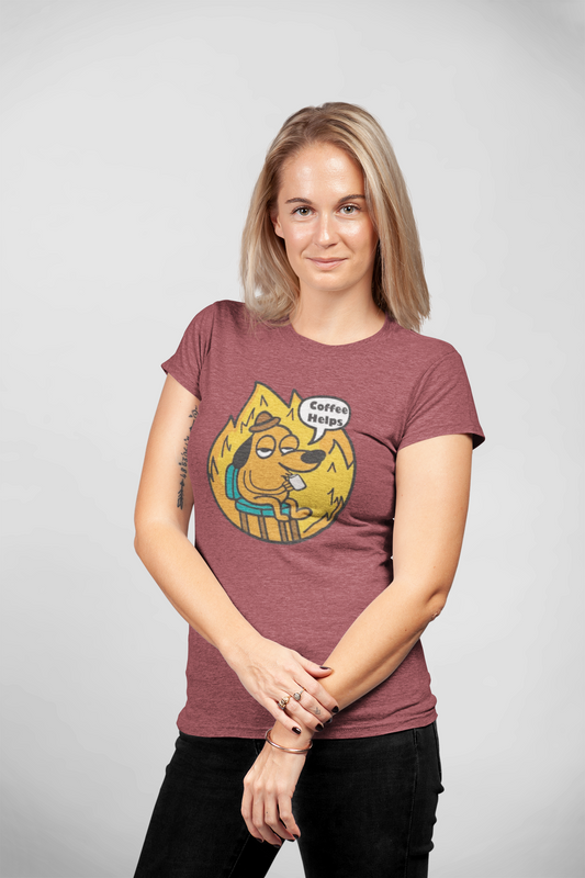 Funny Dog Sipping Coffee T-Shirt — 'This Is Fine' Office Burn Graphic