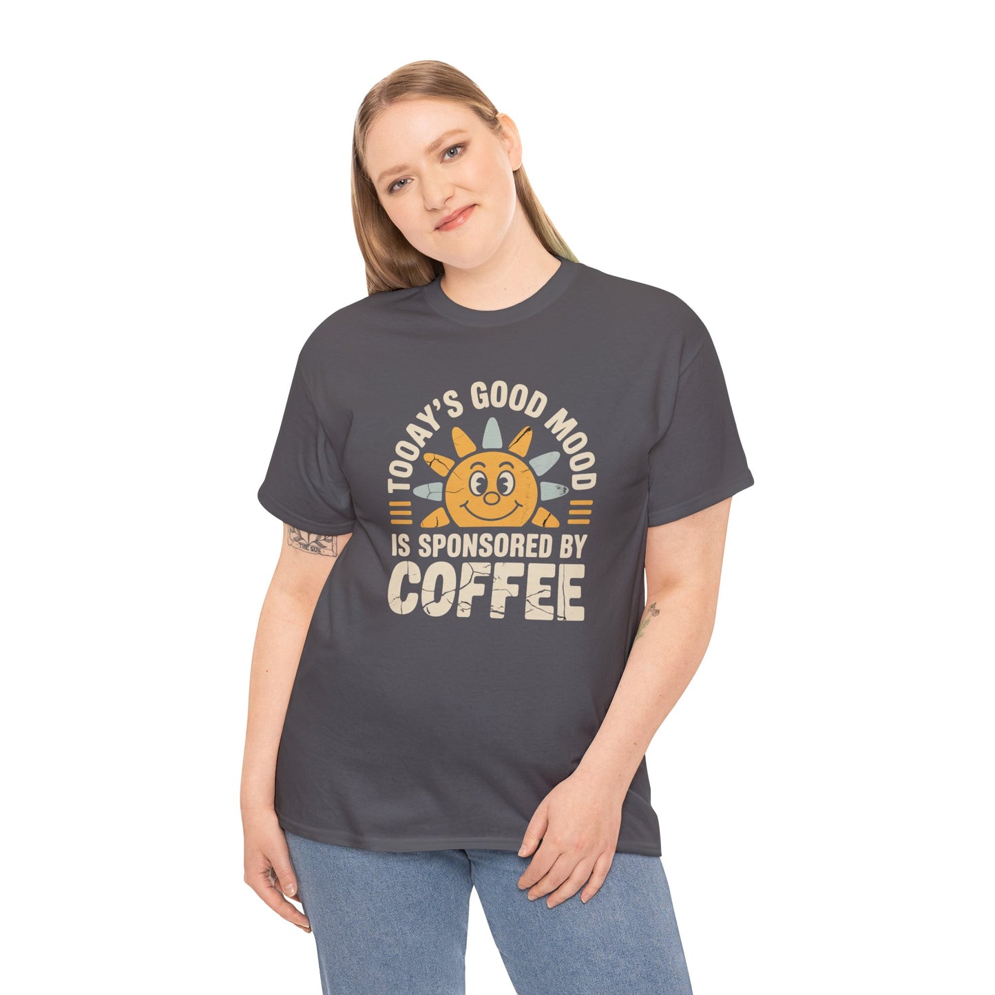 Coffee Tee — "Today's Good Mood Is Sponsored By Coffee" Retro Sun T‑Shirt
