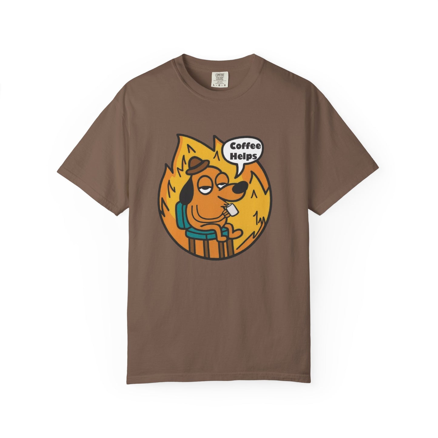 Funny Dog Sipping Coffee T-Shirt — 'This Is Fine' Office Burn Graphic